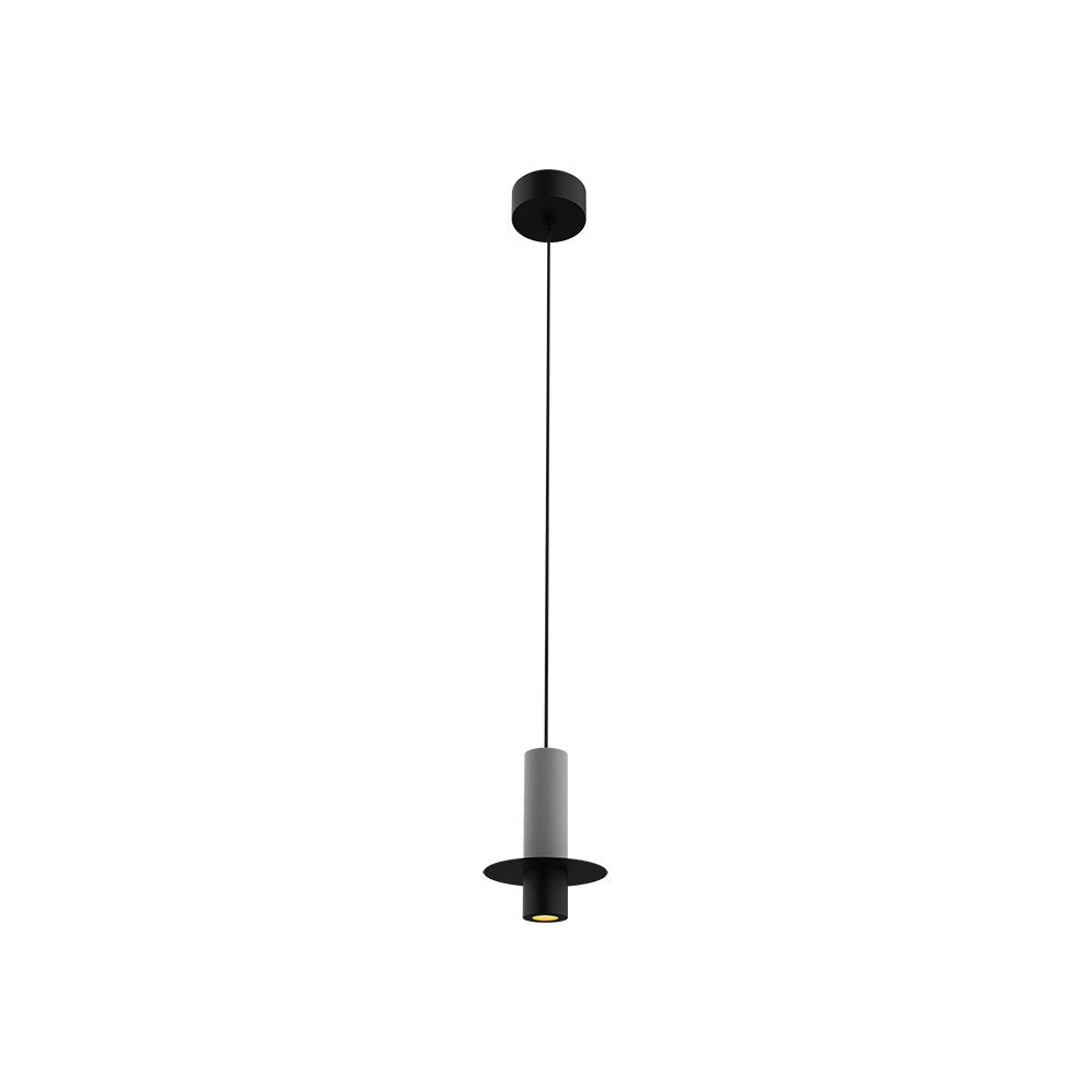 Suspension noire et béton de face sur fond blanc, câble et rosace visibles