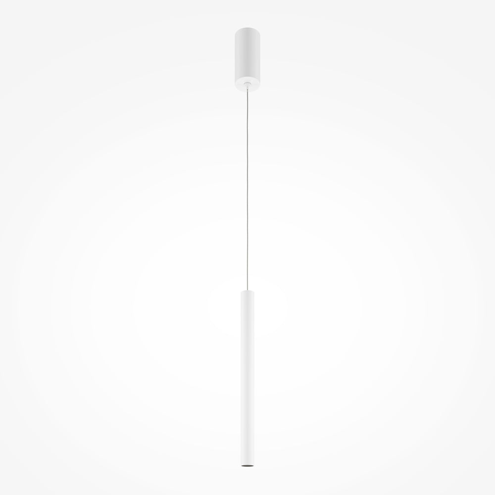 Vue d'ensemble du luminaire suspendu blanc, long tube vertical et câble fin