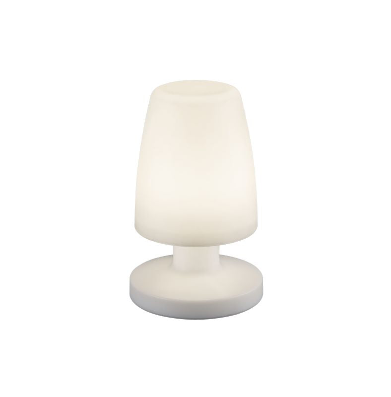 Lampe à poser blanche sans fil, vue de face sur fond blanc