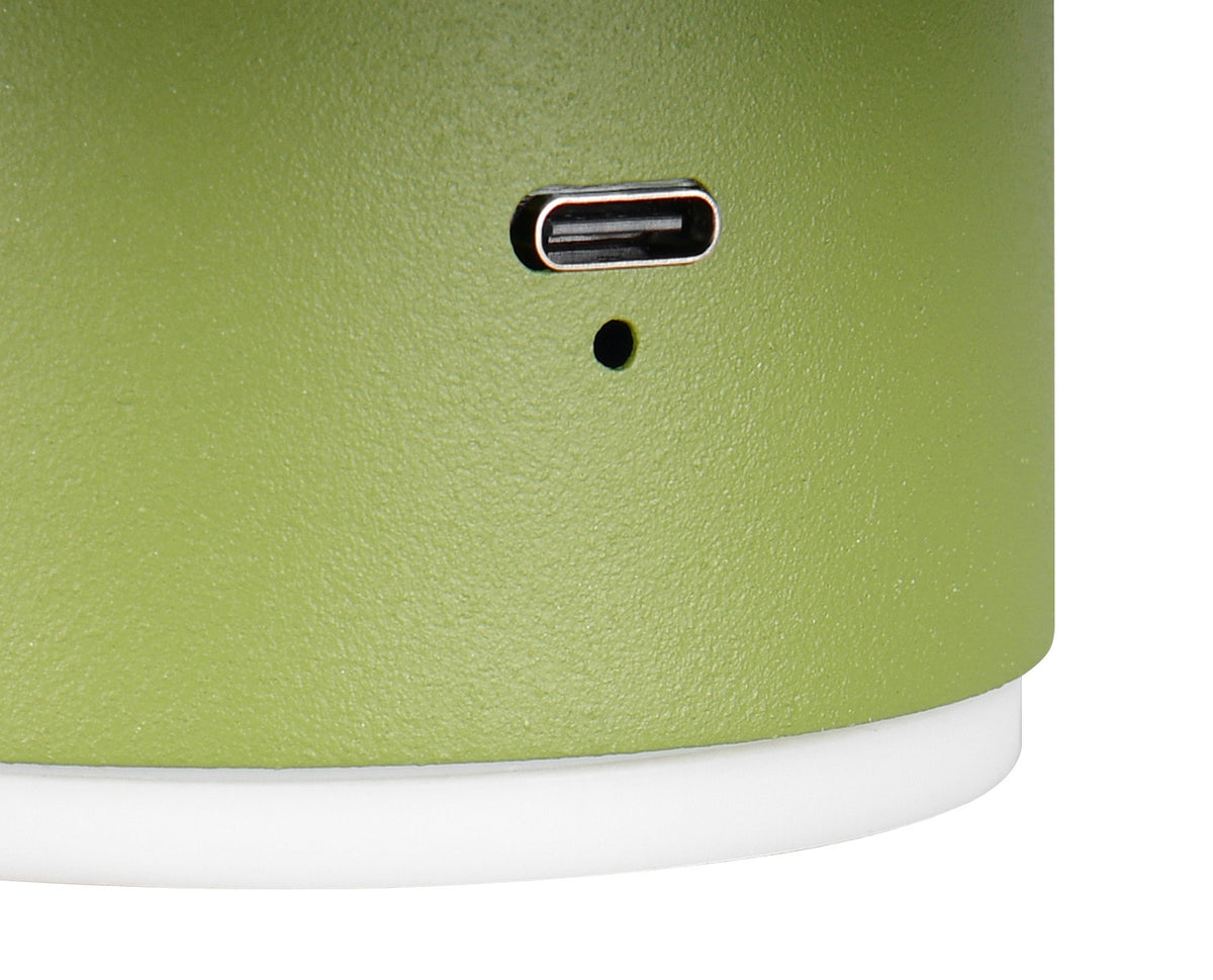 Détail du port de recharge USB-C et du témoin sur la coque verte