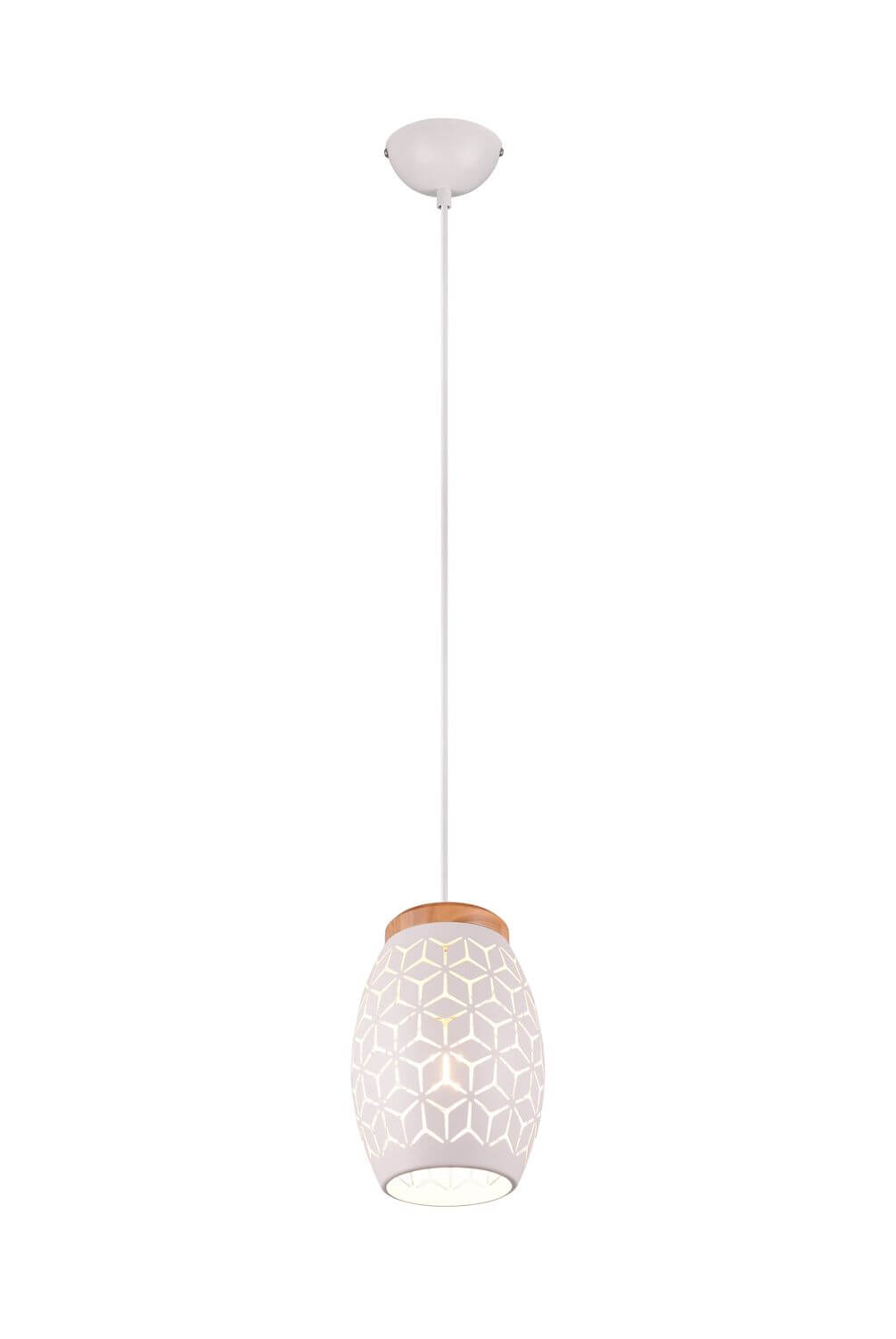Vue d'ensemble du luminaire suspendu, abat-jour blanc ajouré et finition bois clair.
