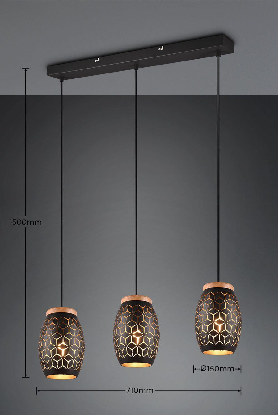 Suspension Bidar 3 lumières noire et dorée