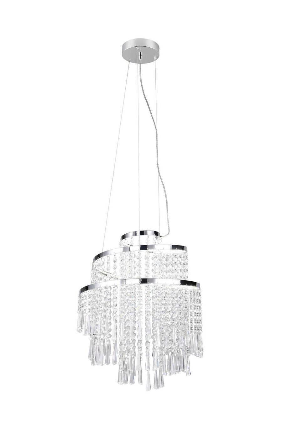 Vue de trois quarts du lustre suspendu, structure chromée et franges de cristal