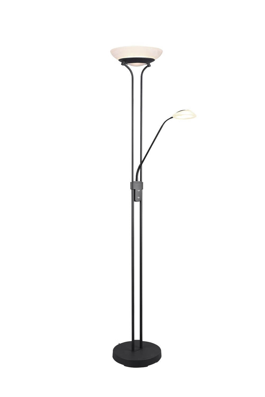 Vue de trois quarts du luminaire noir, montrant la double tige et le bras flexible.