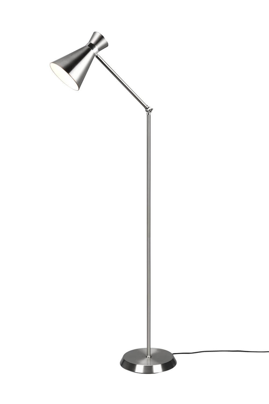 Lampadaire en nickel satiné présenté sur fond blanc, pied rond et tige fine