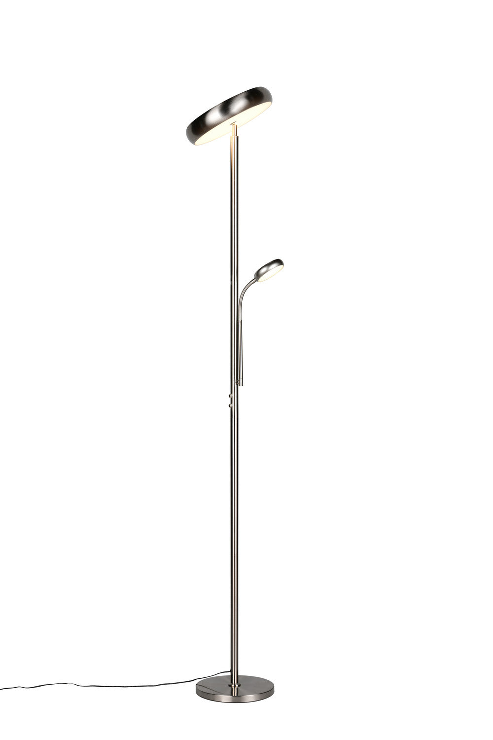 Lampadaire design présenté de trois quarts, tête lumineuse ronde et tige fine