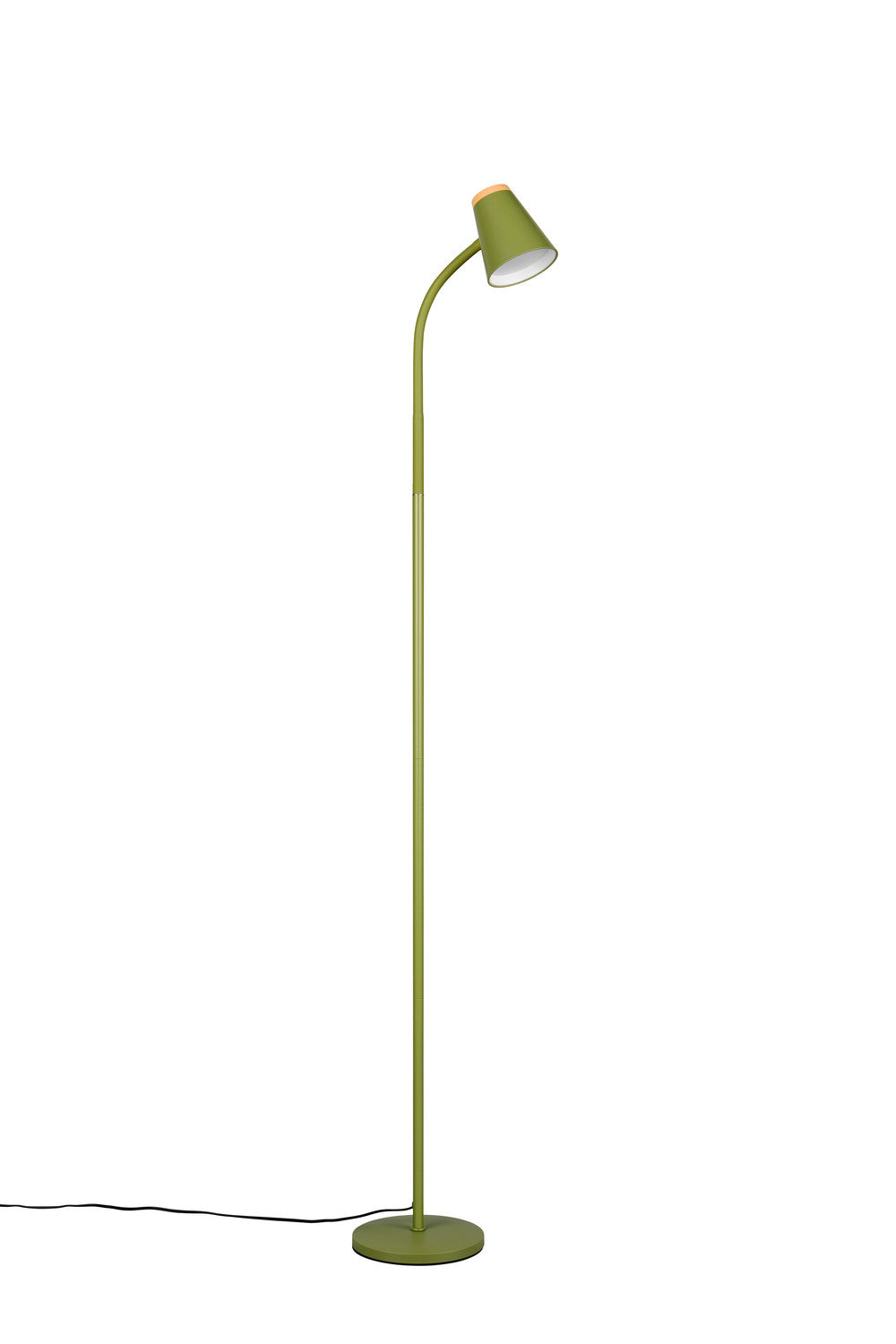 Lampadaire vert entier vu de profil, tige fine et socle plat arrondi