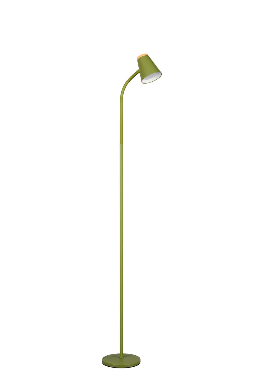 Lampadaire vert présenté de face, base ronde et long câble d'alimentation noir