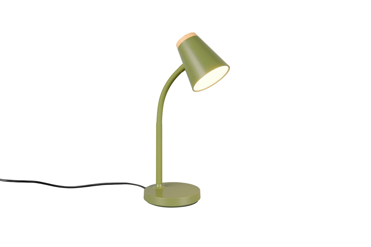 Lampe de table verte photographiée de trois quarts, abat-jour conique orienté vers le bas.