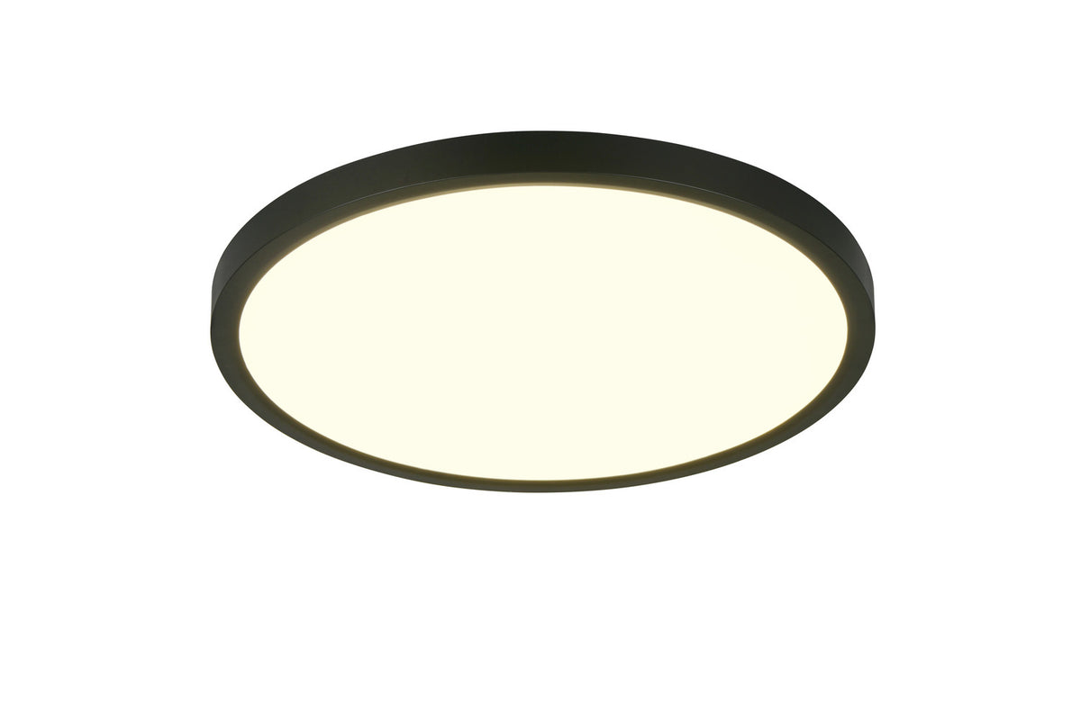 Autre angle du plafonnier rond noir mat avec diffuseur blanc lumineux.