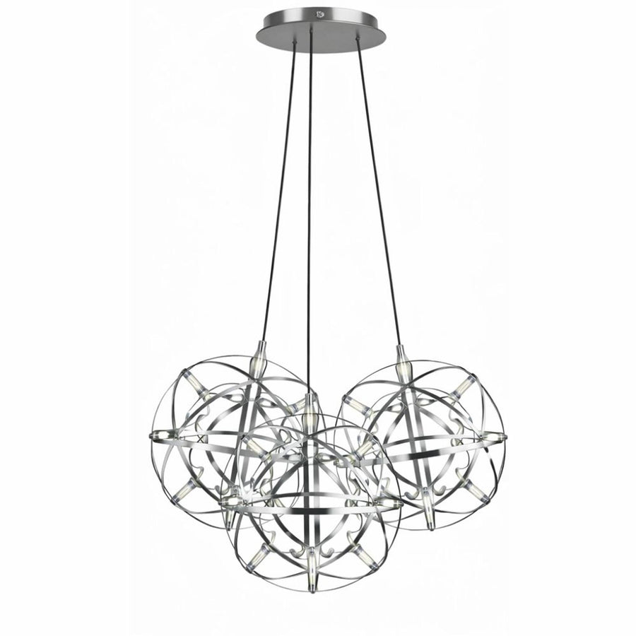 Vue de face de la suspension trois globes en finition chromée
