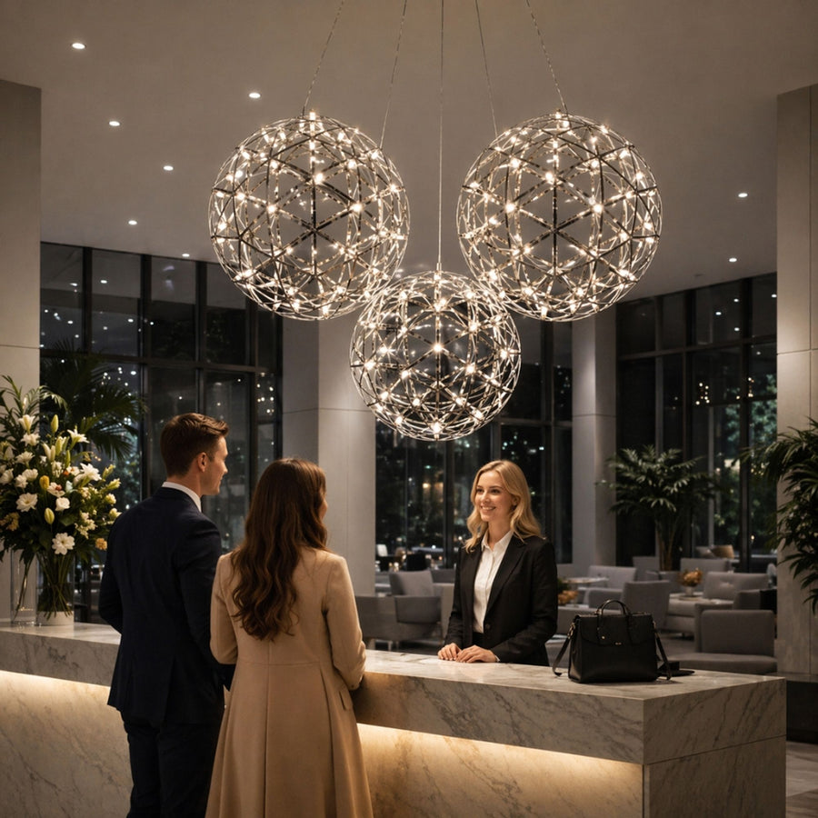 Trois grands globes lumineux suspendus devant le comptoir d'un hall d'hôtel