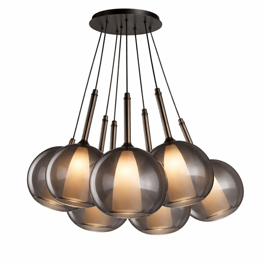 Suspension sept globes en verre fumé gris, vue de face sur fond blanc