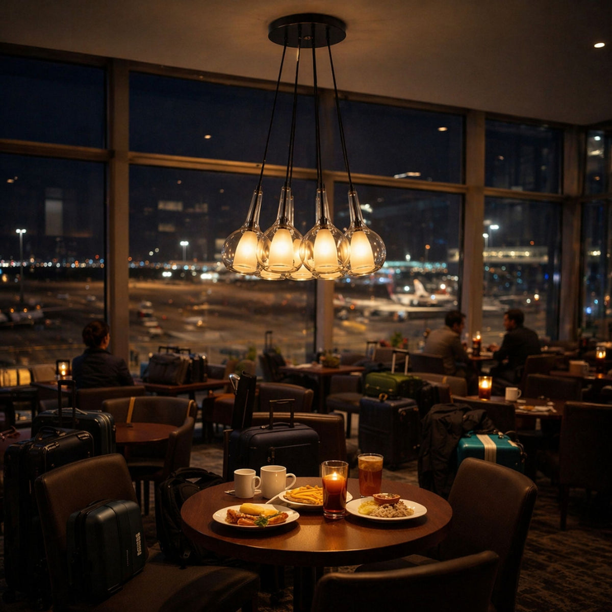 Suspension grappe éclairant une table de restaurant face aux vitres de l'aéroport