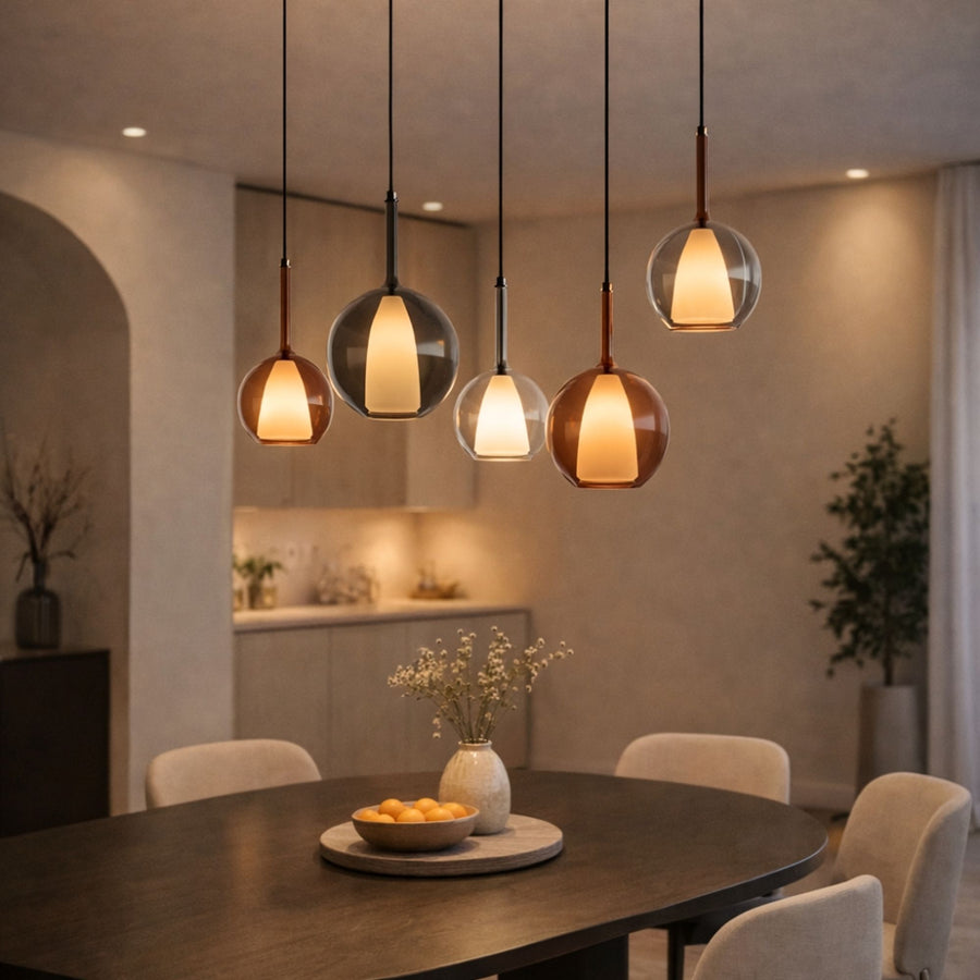 Suspension de table Belluna 5 lumières sur 2 rangées, longueur 160 cm