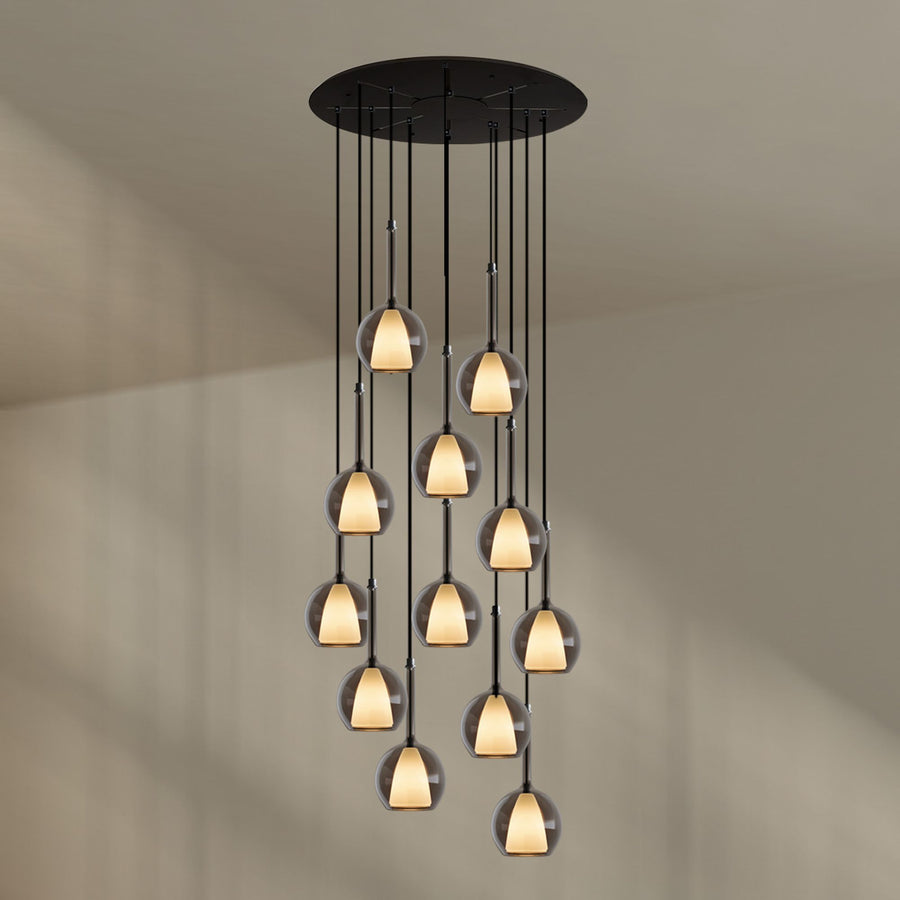 Suspension grande hauteur Belluna 12 lumières, rosace Ø 80 cm