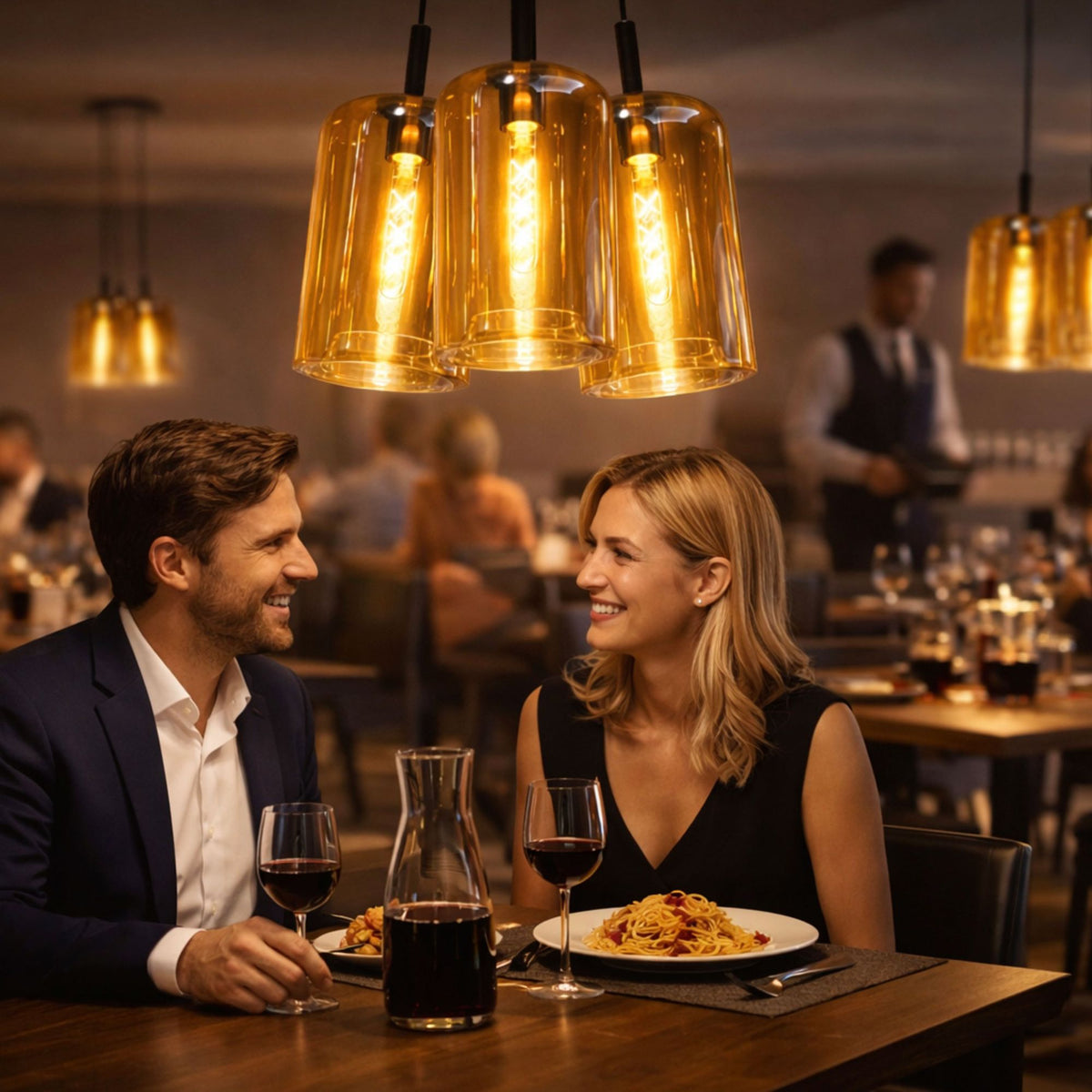 Suspension trois verres ambrés éclairant une table de restaurant en mise en ambiance chaleureuse
