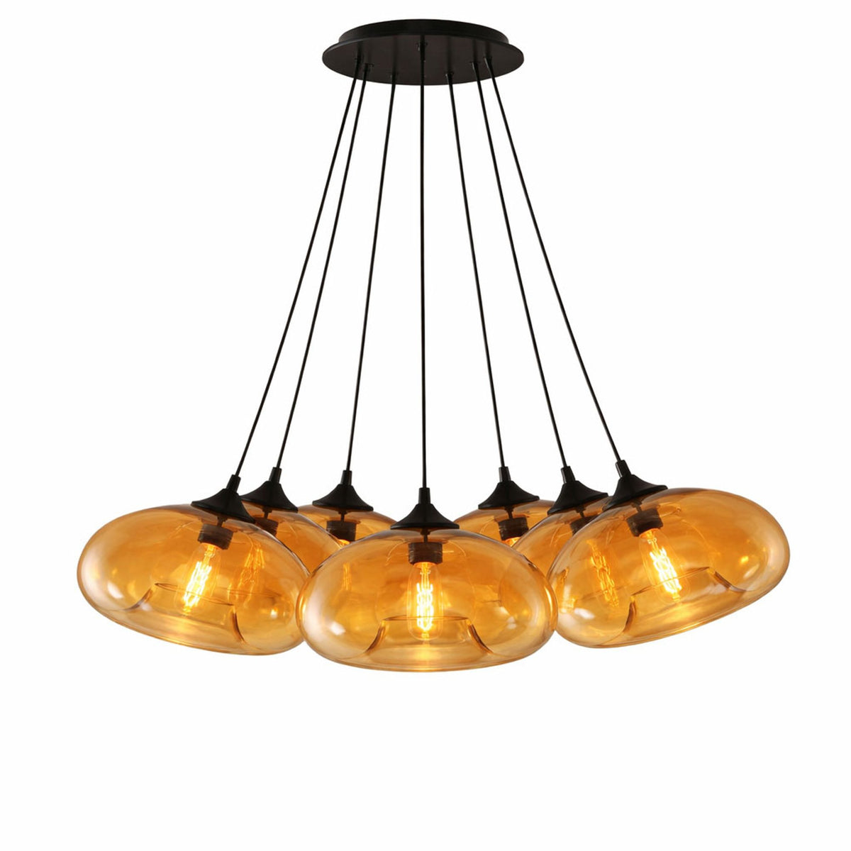Vue de face de la version ambrée, sept globes en verre coloré suspendus à rosace noire
