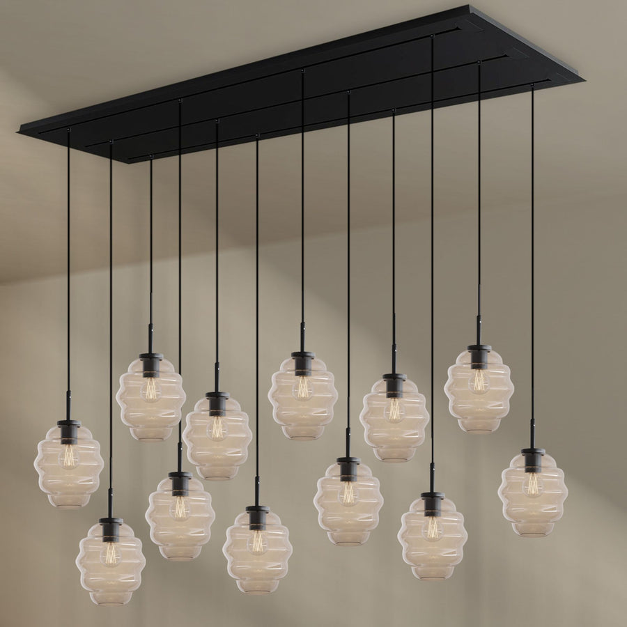 Suspension de table Echos 12 lumières sur 3 rangées, longueur 200 cm, verres Ø 18 cm