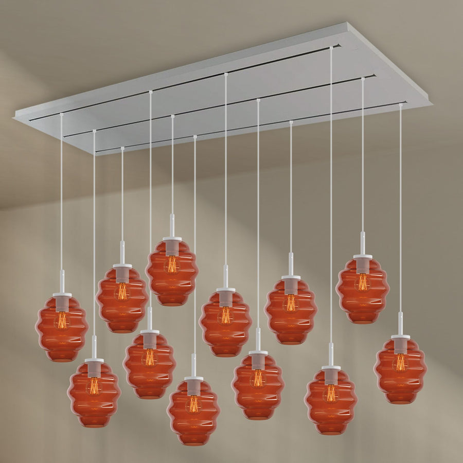 Suspension de table Echos 12 lumières sur 3 rangées, longueur 200 cm, verres Ø 18 cm