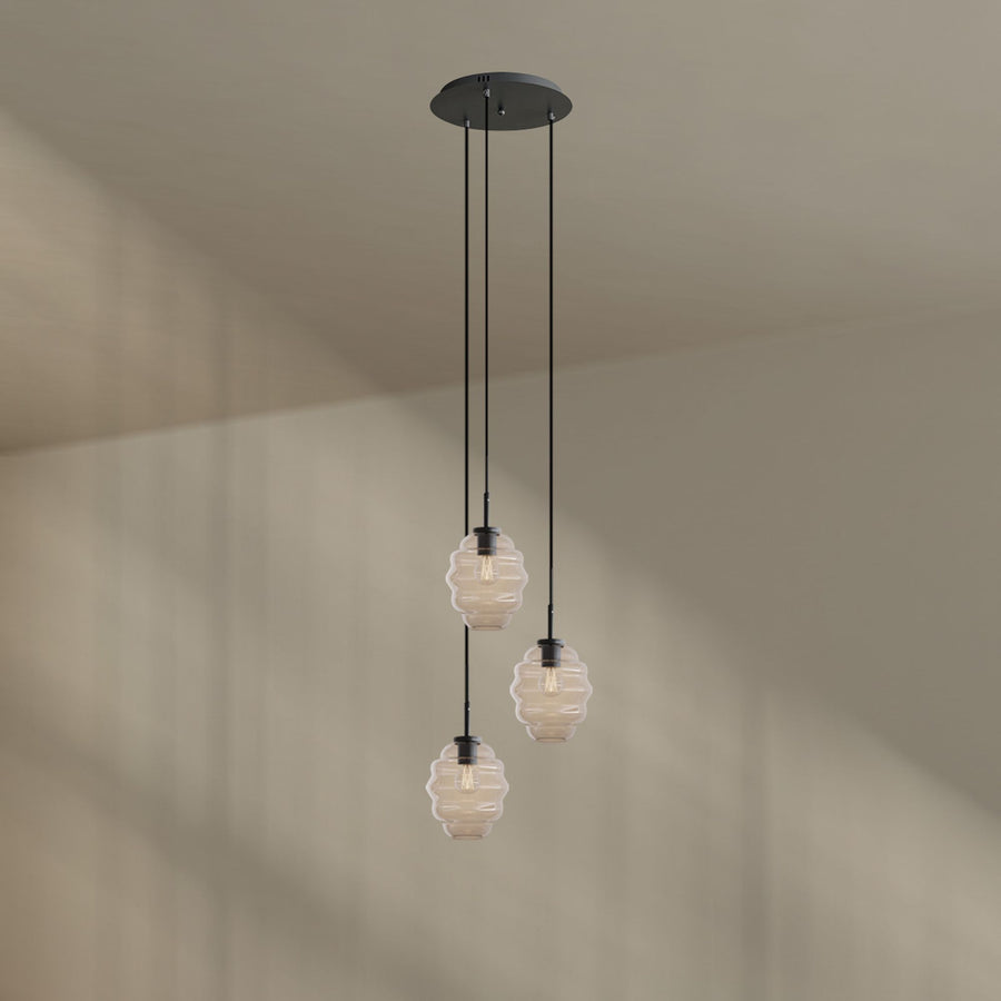 Suspension grande hauteur Echos 3 lumières, rosace Ø 40 cm, verres Ø 18 cm