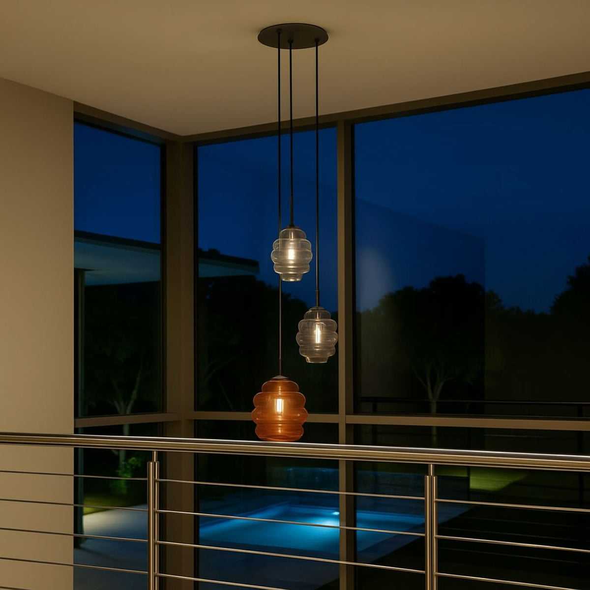 Mise en ambiance nocturne : suspensions allumées devant de grandes baies vitrées près d'une piscine.