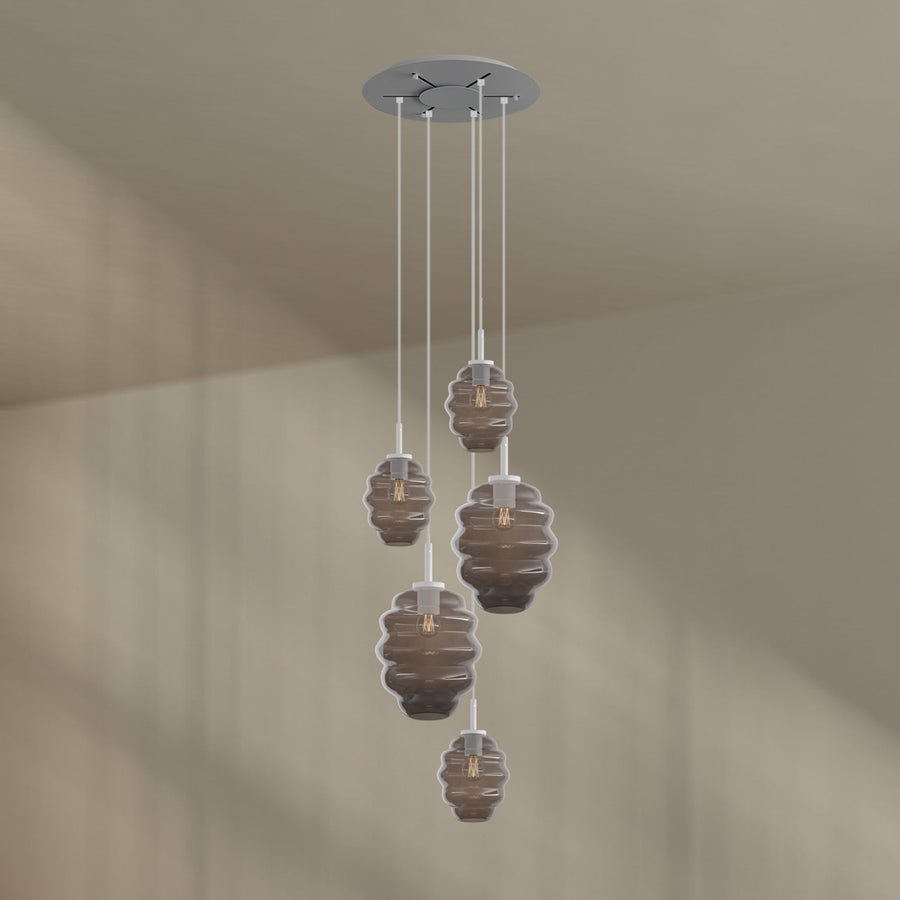 Suspension grande hauteur Echos 5 lumières, rosace Ø 60 cm, verres Ø 18 et 25 cm