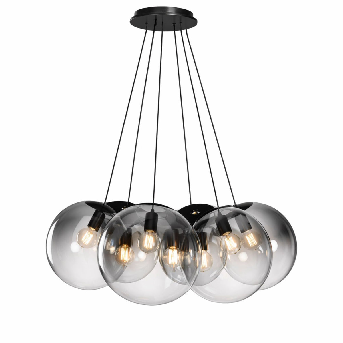 Version verre fumé gris clair, sept globes alignés sous le pavillon noir