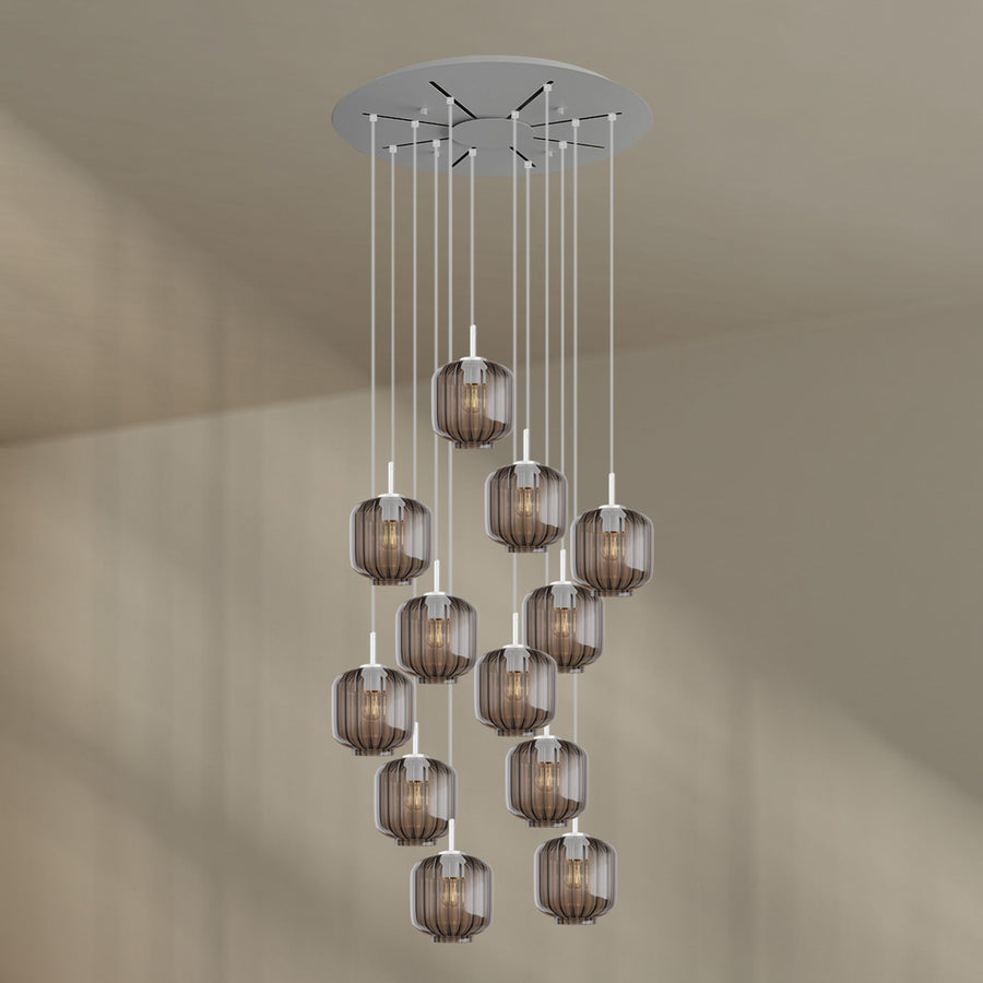 Suspension grande hauteur Velo 12 lumières, rosace Ø 80 cm, verres Ø 20 cm