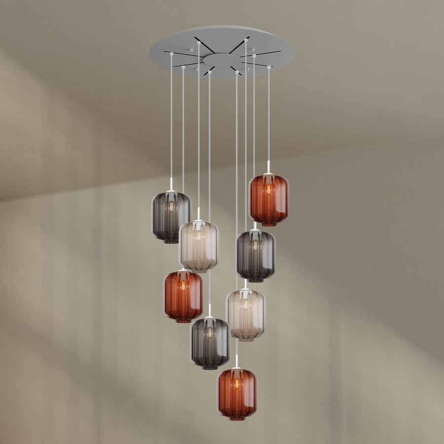 Suspension grande hauteur Velo 8 lumières, rosace Ø 80 cm, verres Ø 25 cm