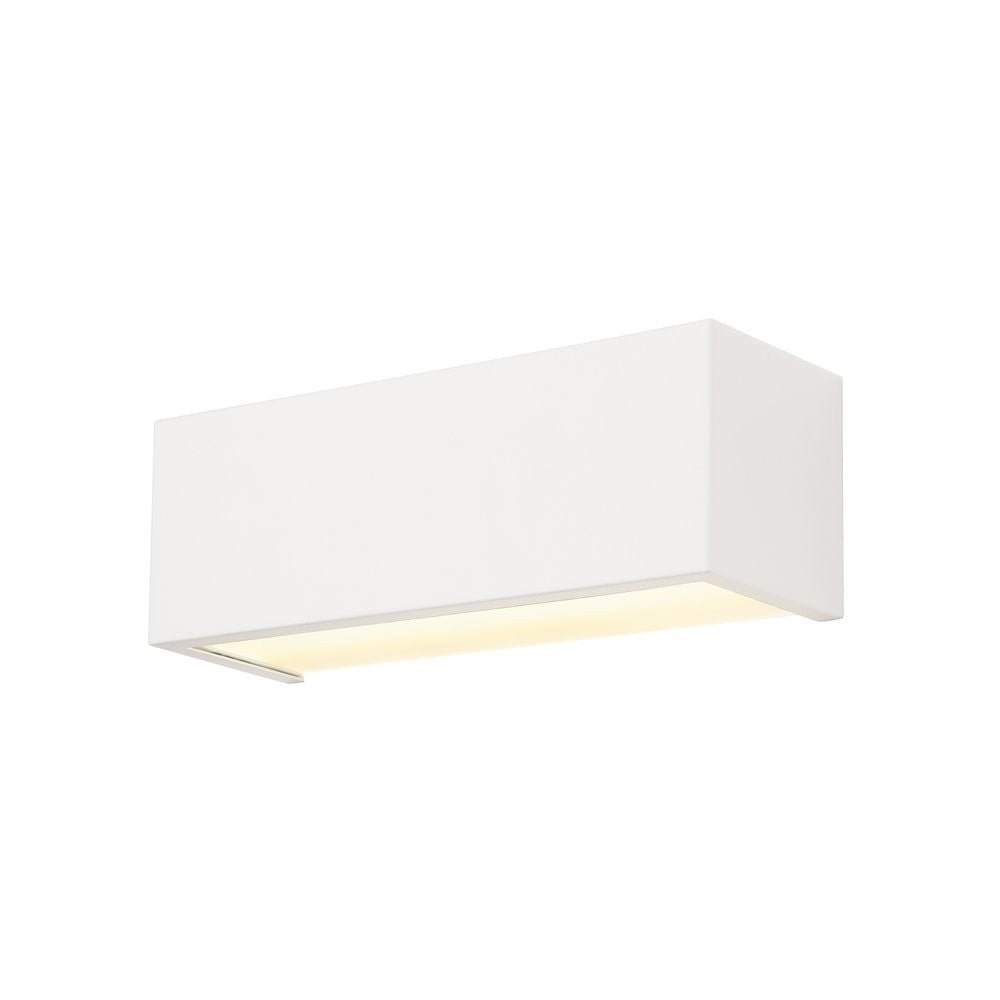 Applique murale blanche rectangulaire vue de trois quarts avec diffuseur lumineux en dessous.