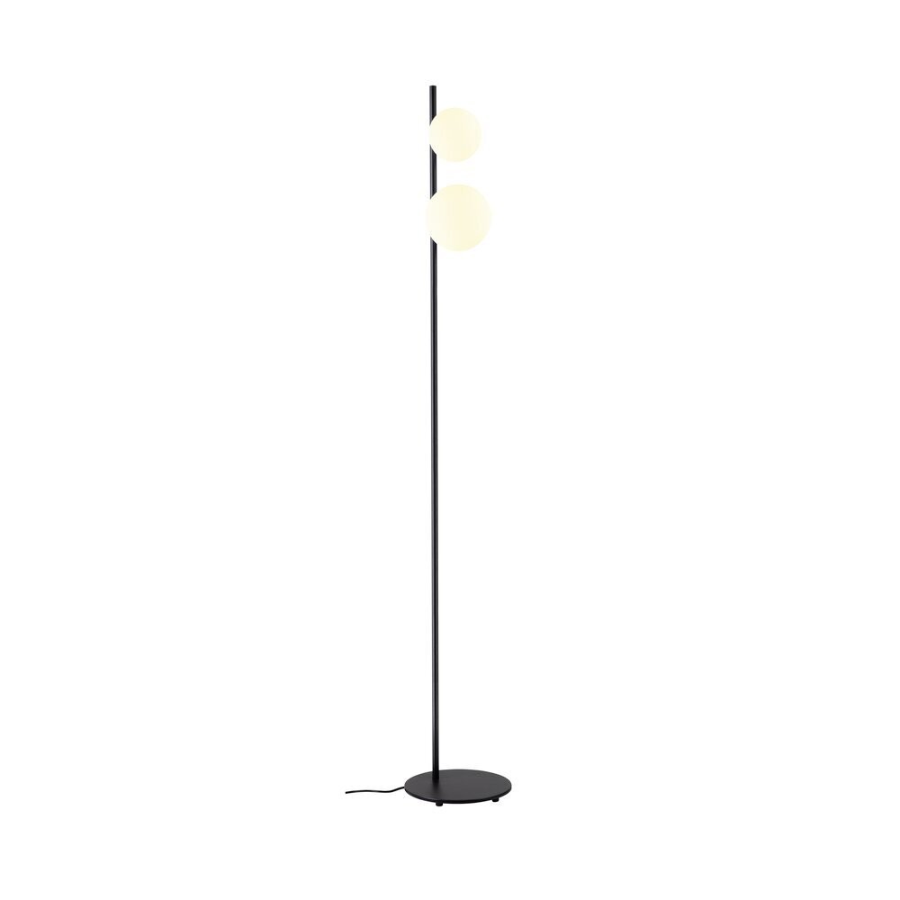 Lampadaire noir à deux globes lumineux sphériques, tige fine et base ronde.
