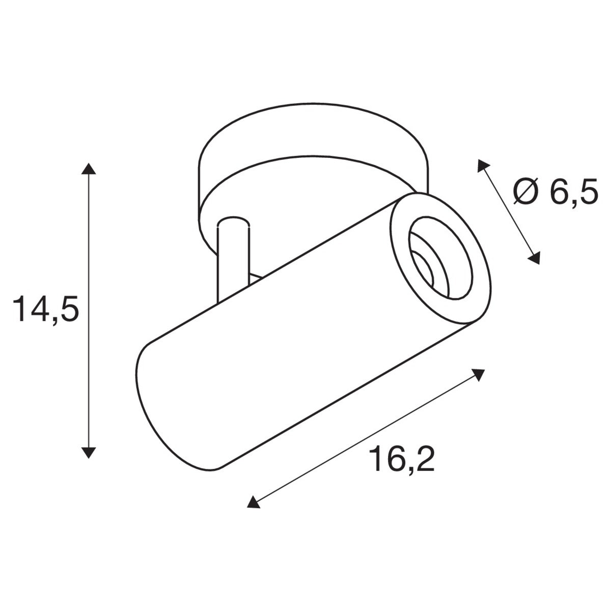 Schéma technique coté du spot, hauteur 14,5 cm et longueur 16,2 cm.