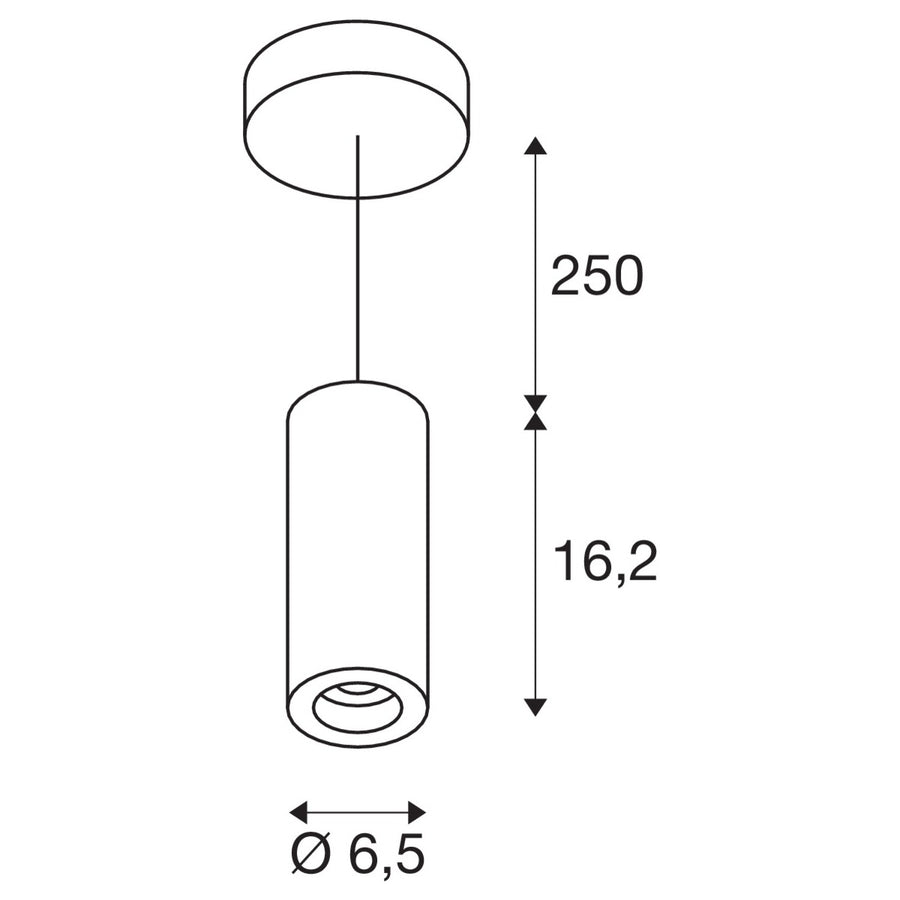 Schéma coté du luminaire : hauteur 16,2 cm et diamètre 6,5 cm