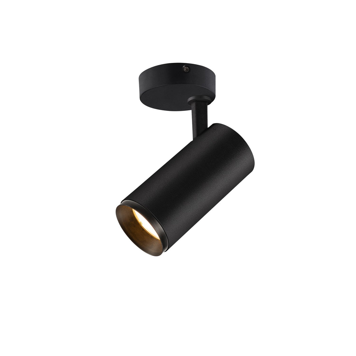 Vue produit du spot cylindrique noir orientable, monté sur embase ronde.