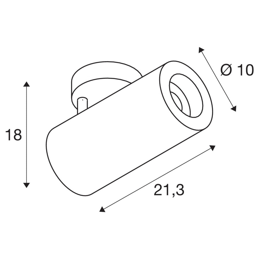 Schéma coté du spot avec longueur 21,3 cm et diamètre 10 cm