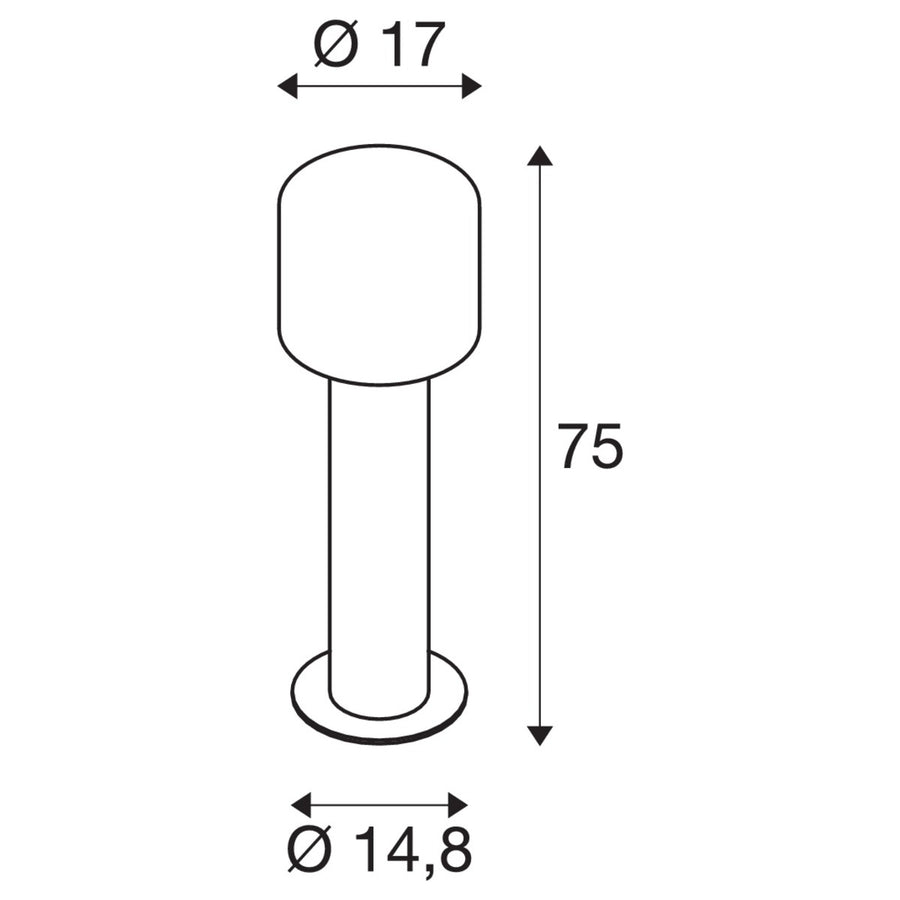 Schéma coté du lampadaire : hauteur 75 cm, diamètre 17 cm, embase 14,8 cm.