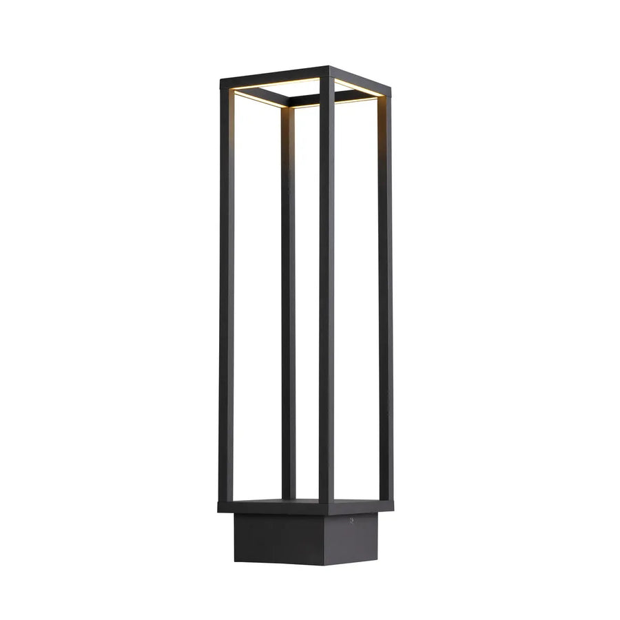 Lampadaire extérieur anthracite de face, structure carrée ajourée et base pleine.