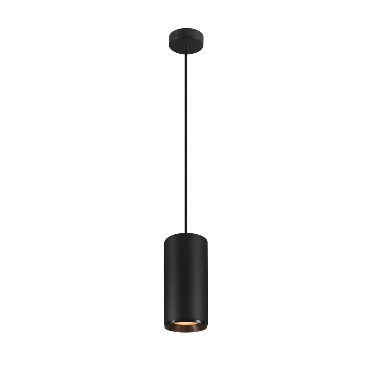 Suspension noire cylindrique vue de face avec cordon et rosace.