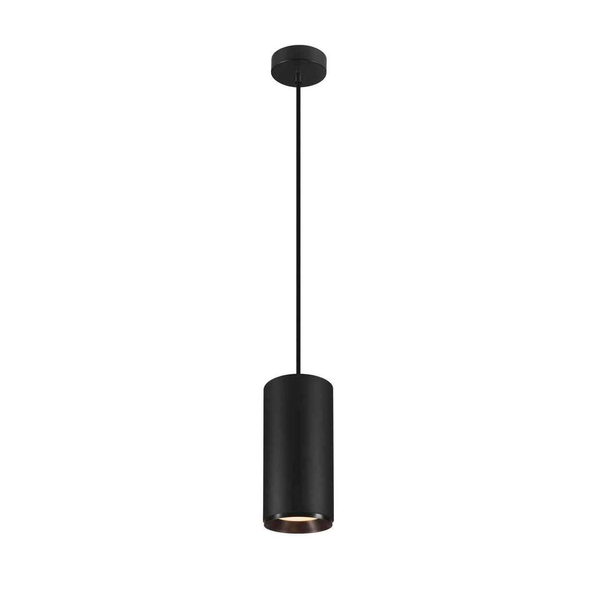 Vue d'ensemble de la suspension noire avec rosace, câble et cylindre.