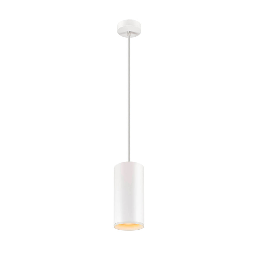 Même suspension vue de face, abat-jour blanc et diffuseur allumé en lumière chaude.