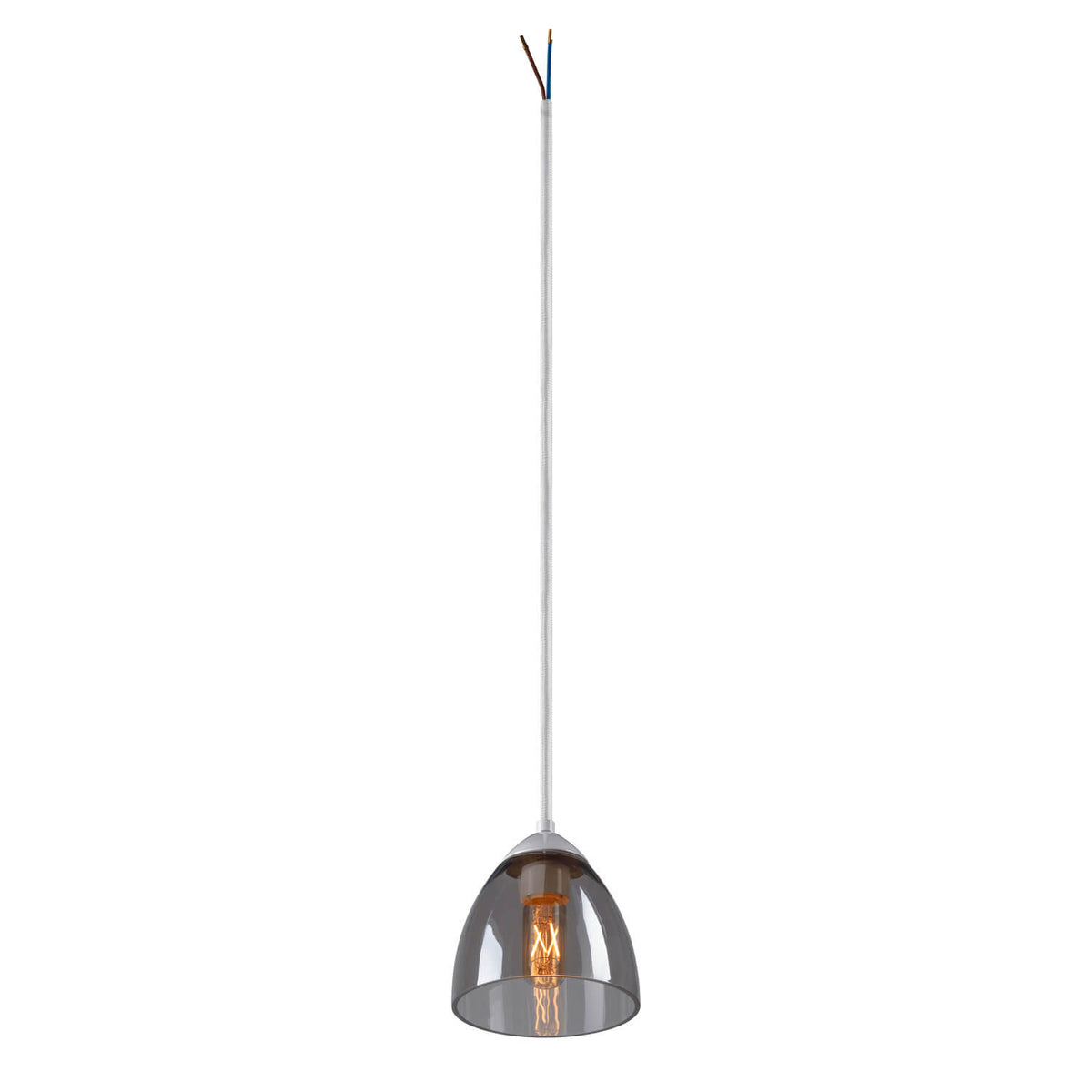 Vue entière du luminaire suspendu, câble tressé blanc et diffuseur conique transparent.