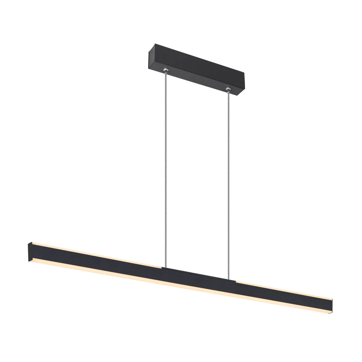 Vue d’ensemble d’une suspension noire linéaire à deux câbles fins.