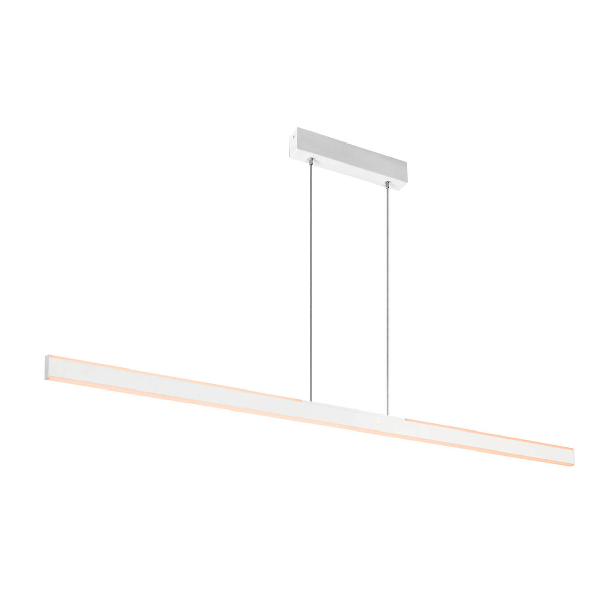Vue légèrement décalée du luminaire suspendu, mettant en valeur son profil horizontal.