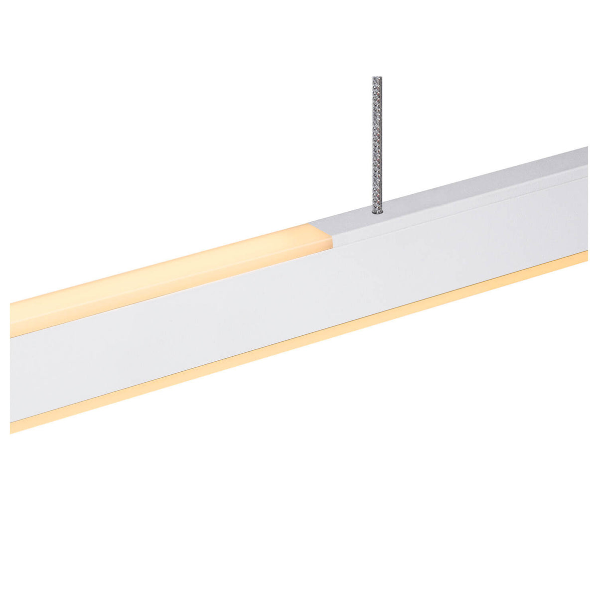 Détail rapproché de la barre lumineuse blanche et du câble tressé fin.
