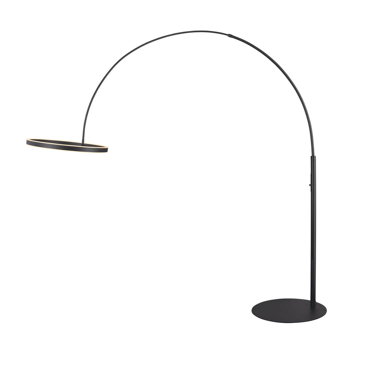 Lampadaire arc noir sur pied avec large diffuseur circulaire horizontal