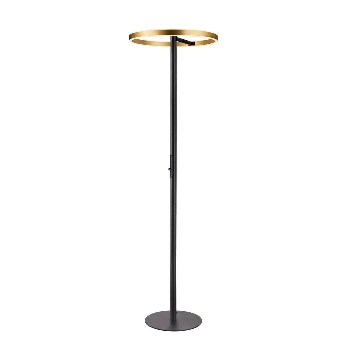 Lampadaire complet sur fond blanc, mât noir, base ronde et anneau laiton.