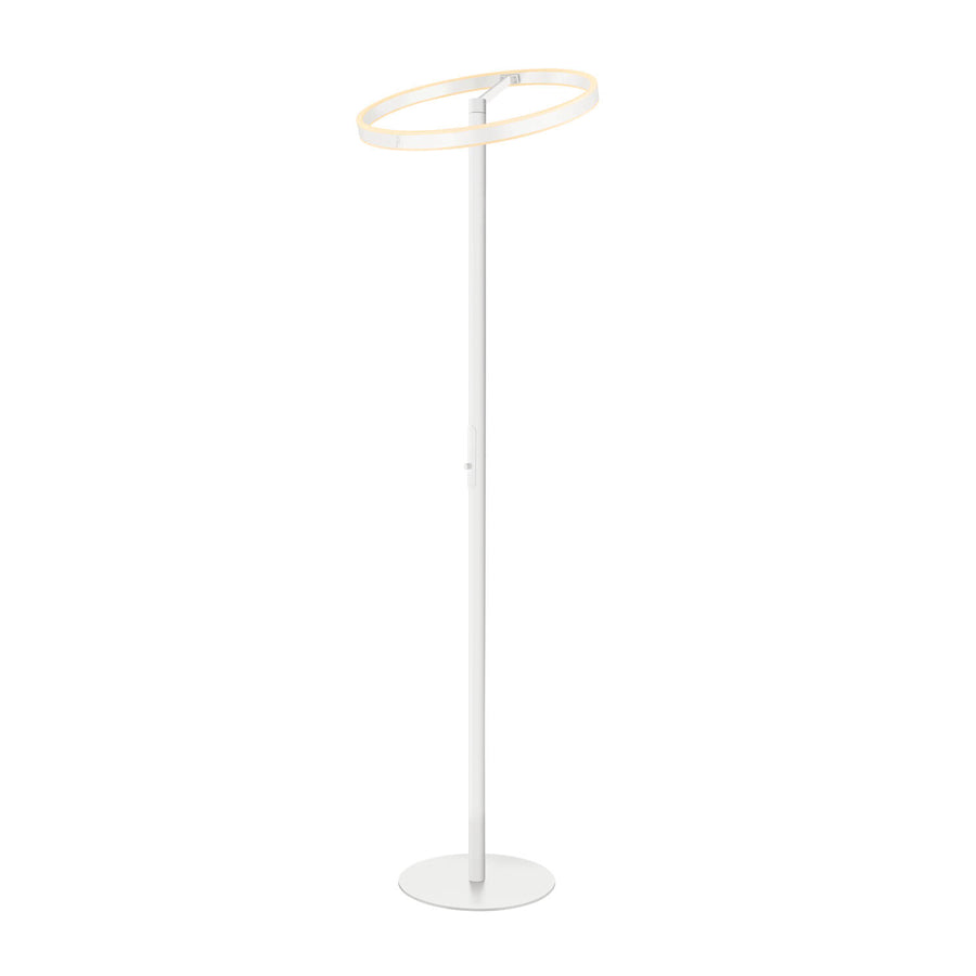 Vue en légère plongée du lampadaire, détaillant l'anneau lumineux et son support.