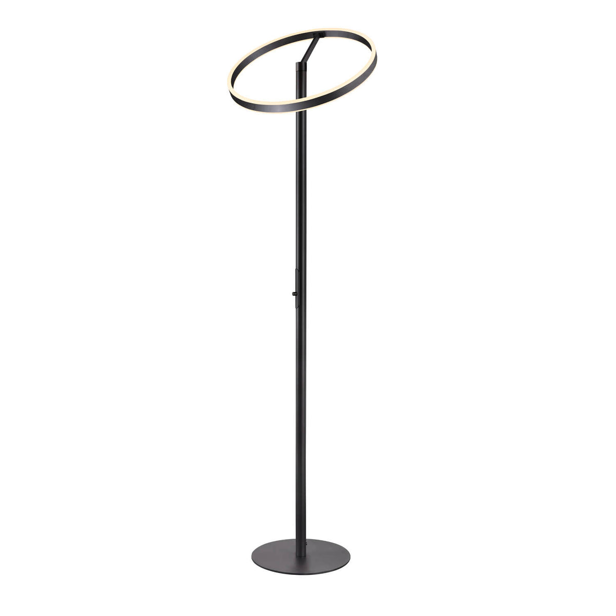Autre angle du lampadaire sur pied, anneau éclairé et disque métallique formant la base.
