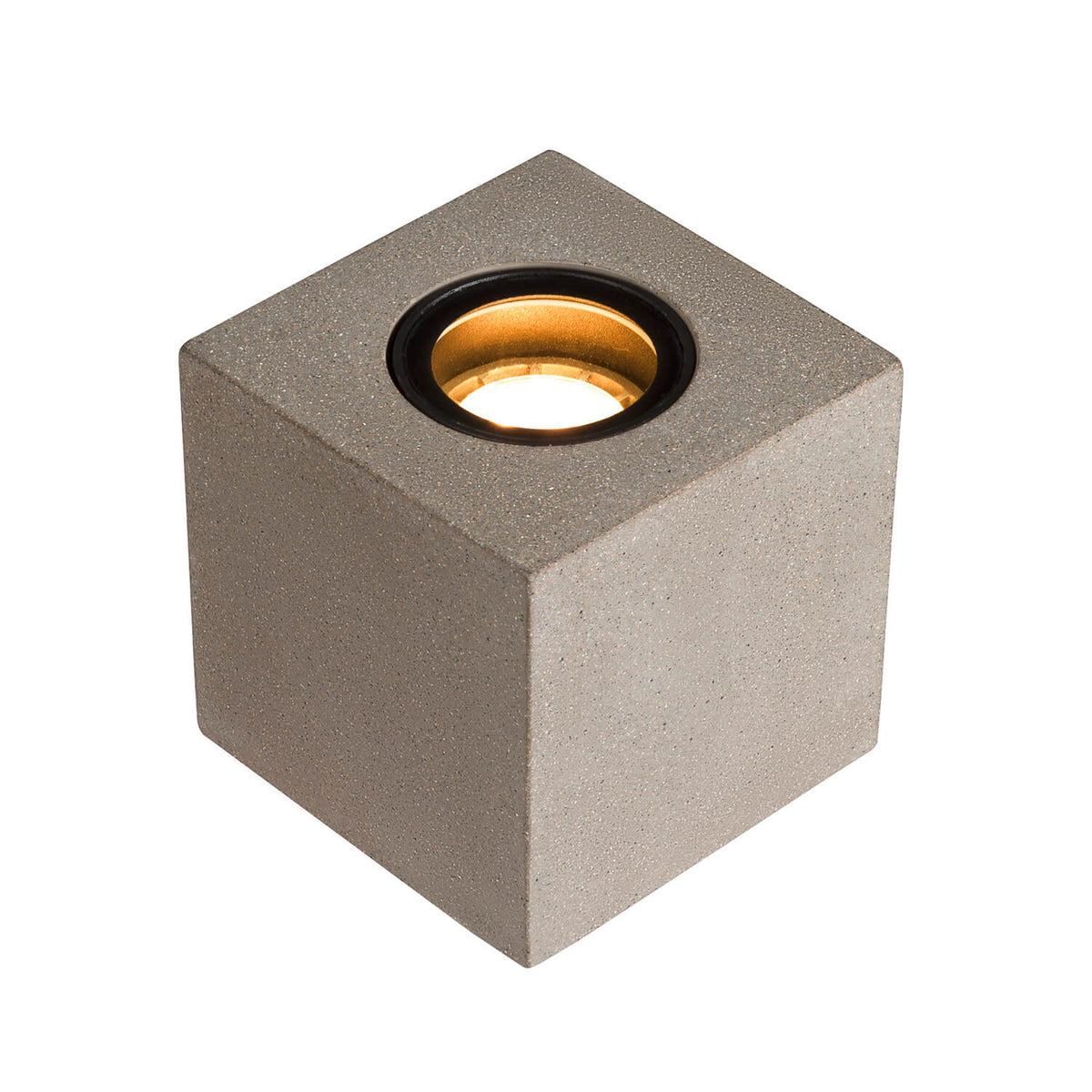 Détail rapproché de la source LED ronde et de la finition béton du luminaire.